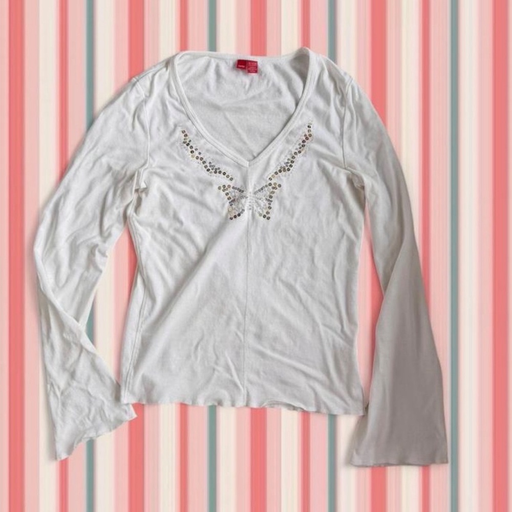 Esprit Women’s White V-Neck Long Sleeve Top with Sequin butterfly detail